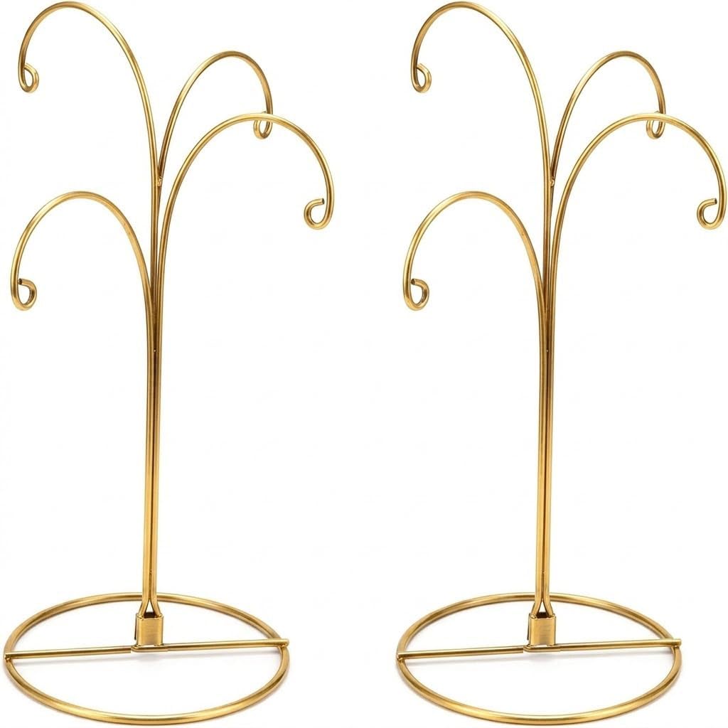 HOHIYA 2 Pack 4-Arm Ornament Display Stand 12 Inch Metal Hanging Holder for 4 Christmas Ornaments Multi-Hook Stand for Glass and Crystal Balls Brass Gold Art Craft Hanger
